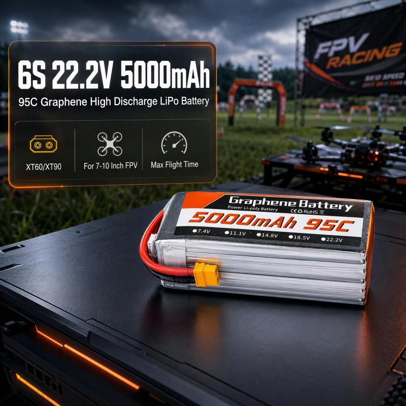 6S Lipo Battery 22.2V 5000Mah - 6S 22.2V 5000mAh 95C グラフェンLiPoバッテリー。XT60/XT90コネクター付き。7インチ、9インチ、10インチのFPVレーシングドローン用。大電流放電が可能で、長時間の飛行が可能。